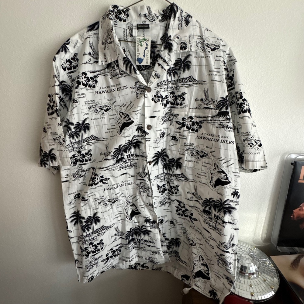 Aloha Fashion Mens XXL Hawaiian Island Map Print Shirt White Black Short‎ Sleeve